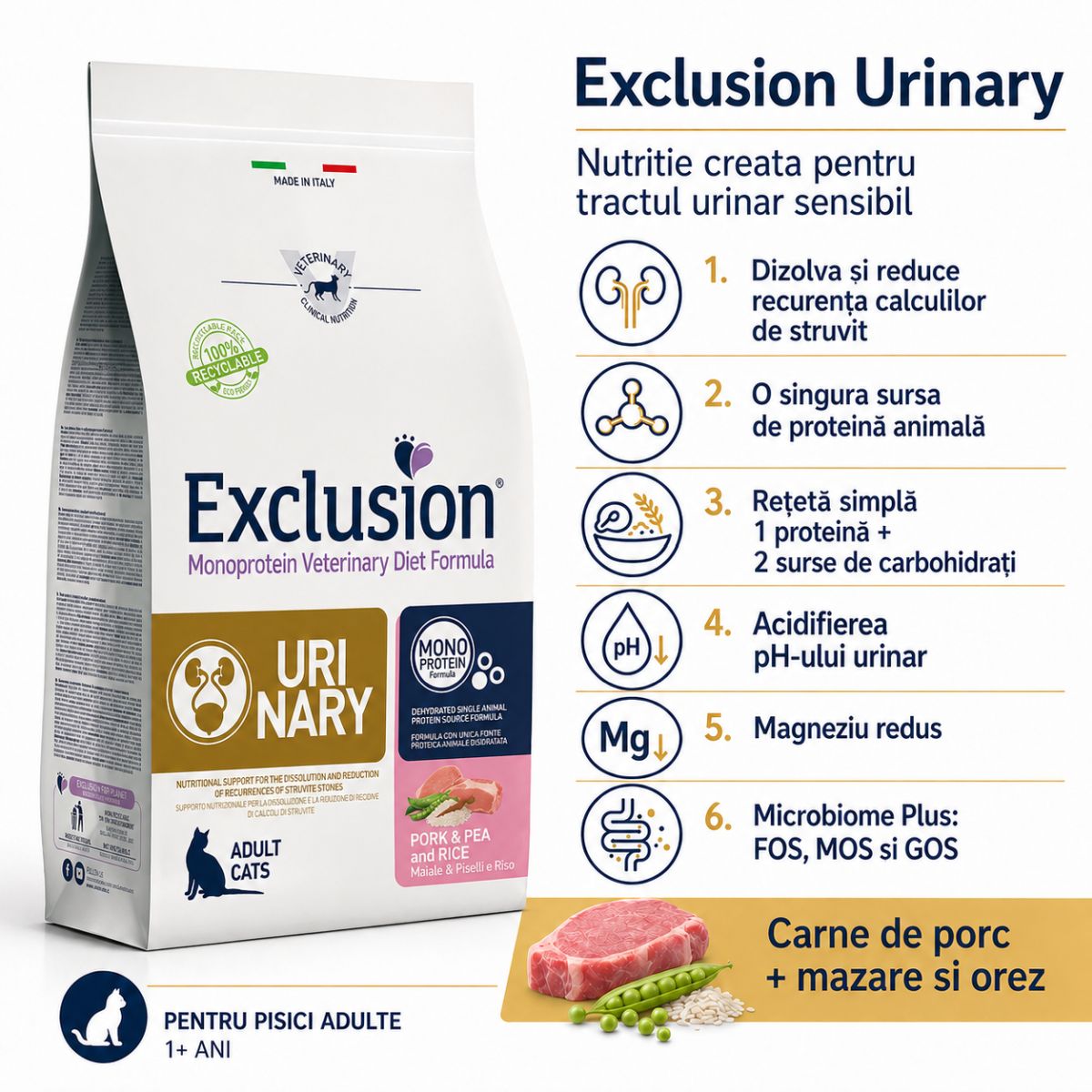 EXCLUSION Monoprotein VD Urinary, Porc și Mazăre, dietă veterinară, hrană uscată pisici, sistem urinar, 1.5kg